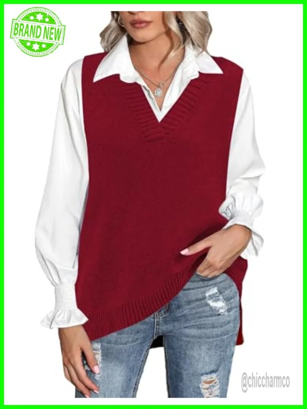Sweater Vest Sleeveless V Neck Oversized Pullover Knitted Top